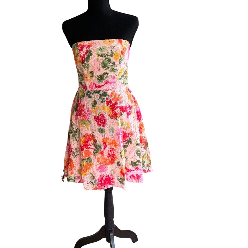 Pink Floral Lace Strapless Derby Mini Dress Fairycore Cottagecore Size 2 NWT